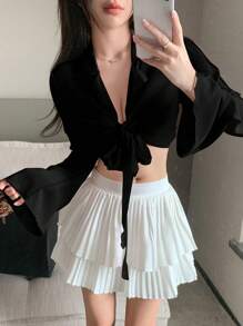 DAZY Solid Tie Front Crop Shirt - Black - View 6