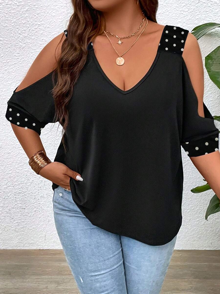 SHEIN LUNE Áo thun Plus size Cắt ra Chấm bi Giải trí - màu đen - Xem 1