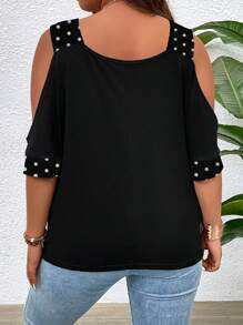 SHEIN LUNE Áo thun Plus size Cắt ra Chấm bi Giải trí - màu đen - Xem 2