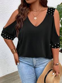 SHEIN LUNE Áo thun Plus size Cắt ra Chấm bi Giải trí - màu đen - Xem 4