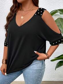 SHEIN LUNE Áo thun Plus size Cắt ra Chấm bi Giải trí - màu đen - Xem 5