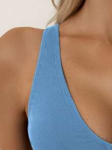 條紋針織前鏤空比基尼泳裝上衣 - 霧霾藍 - 查看 3