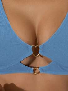 條紋針織前鏤空比基尼泳裝上衣 - 霧霾藍 - 查看 4