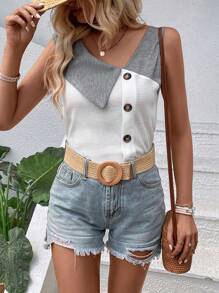 SHEIN LUNE Áo khoác và áo lót dành cho xe tăng nữ Nút phía trước Nút giả Khối Màu Giải trí - trắng - Xem 1