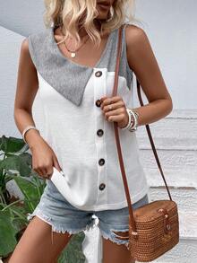 SHEIN LUNE Áo khoác và áo lót dành cho xe tăng nữ Nút phía trước Nút giả Khối Màu Giải trí - trắng - Xem 5