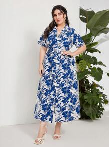 Mulvari 大碼滿版印花腰帶襯衫洋裝 - 藍白色 - 查看 1