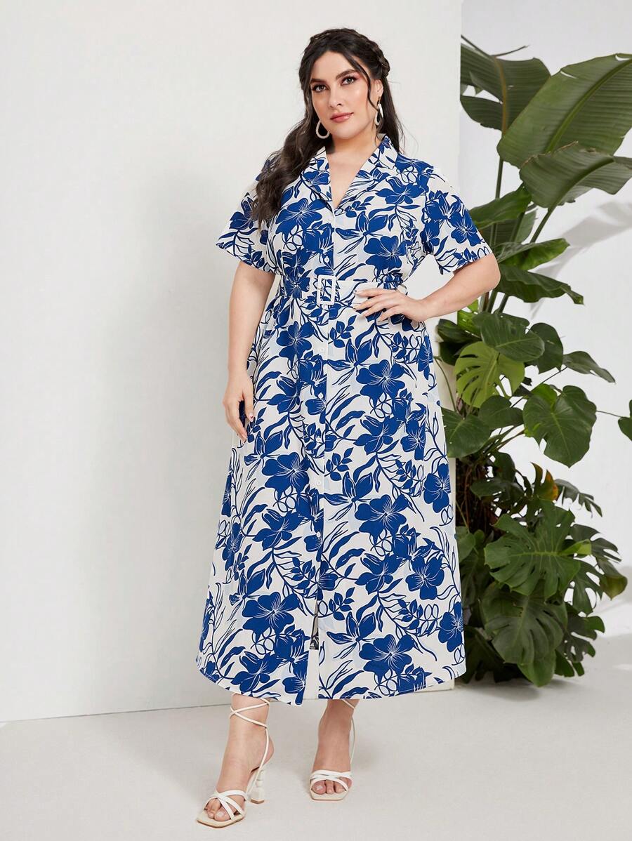 Mulvari 大碼滿版印花腰帶襯衫洋裝 - 藍白色 - 查看 1