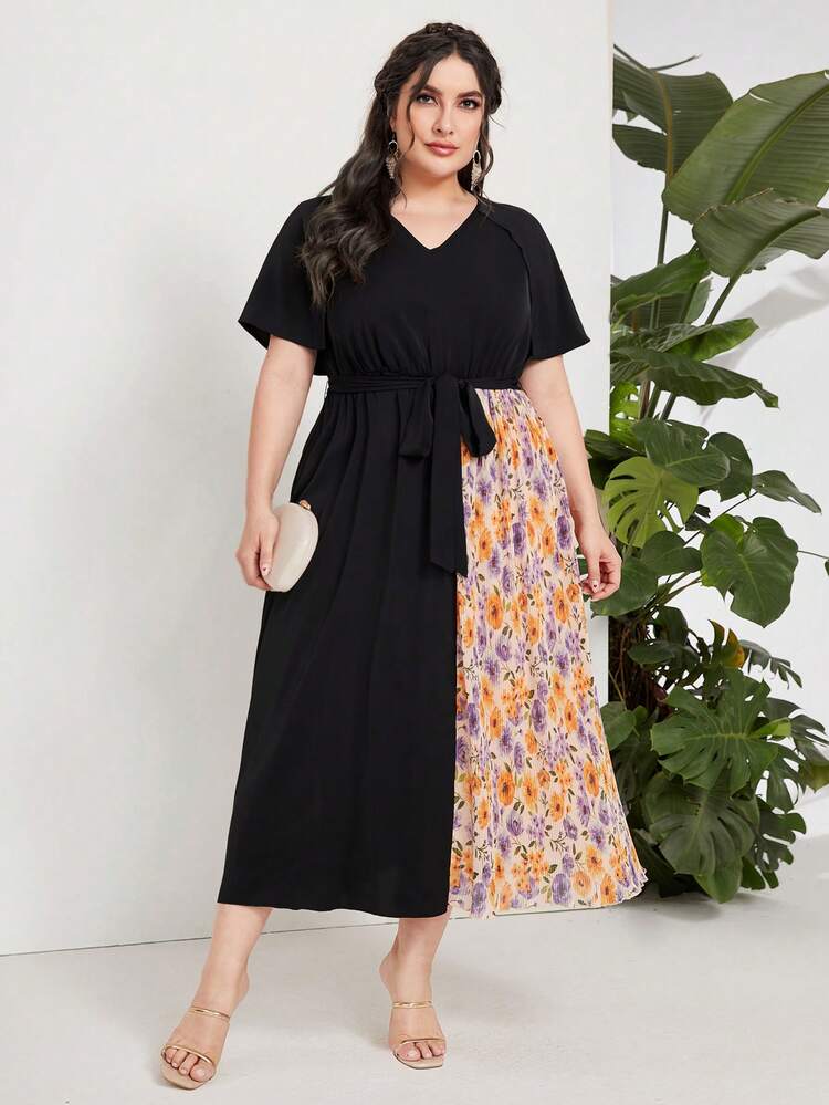 Plus Floral Print Belted Dress Long Evening Dresses