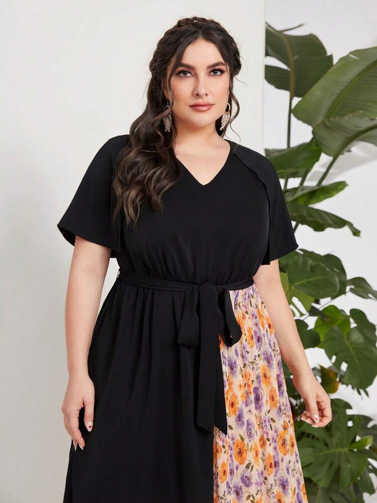 Plus Floral Print Belted Dress Long Evening Dresses