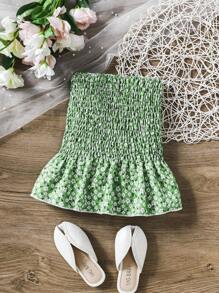 小女童碎花抽褶細節半身裙 - 綠色 - 查看 2