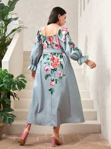 Modelyn Đầm Plus Size Thắt lưng Xù Hoa Boho - Màu xanh bụi bặm - Xem 2