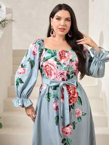 Modelyn Đầm Plus Size Thắt lưng Xù Hoa Boho - Màu xanh bụi bặm - Xem 5