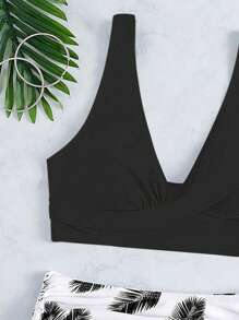 SHEIN Swim Summer Beach Tropical Print Drawstring Side Bikini Set - Black and White - View 4