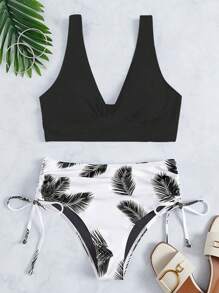 SHEIN Swim Summer Beach Tropical Print Drawstring Side Bikini Set - Black and White - View 5