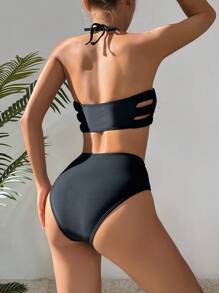 SHEIN Bañador bikini fruncido halter de talle alto - Negro - Ver 2