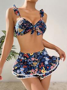 SHEIN Floral Print Ruffle Trim Bikini Set - Multicolor - View 1