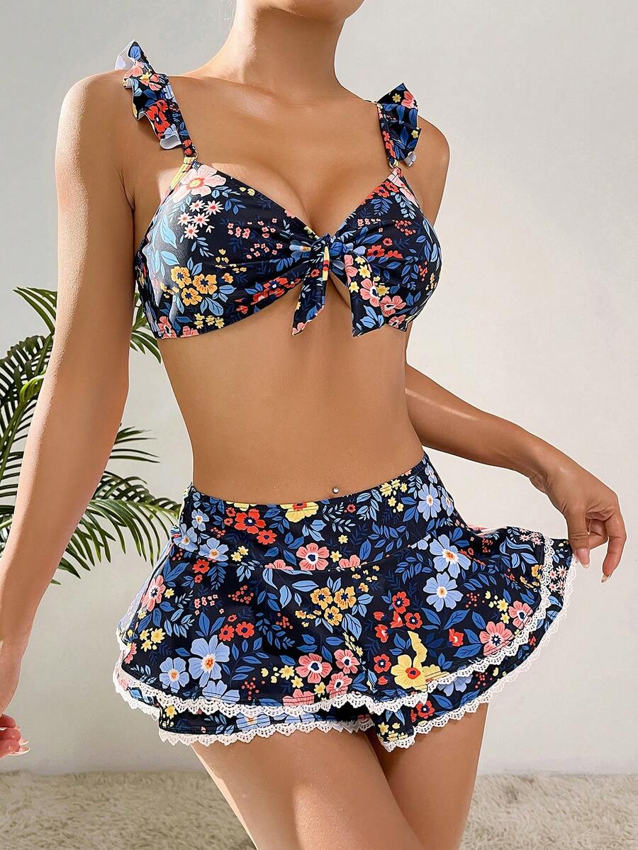 SHEIN Floral Print Ruffle Trim Bikini Set - Multicolor - View 1