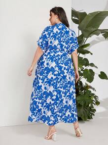 Modelyn 大碼印花蝙蝠袖腰帶襯衫連衣裙 - 藍白色 - 查看 4