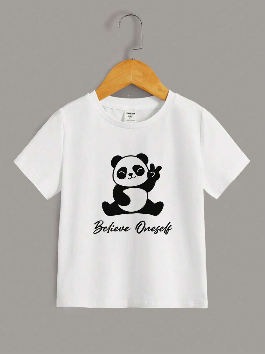 SHEIN 小男童熊貓和標語圖案T恤