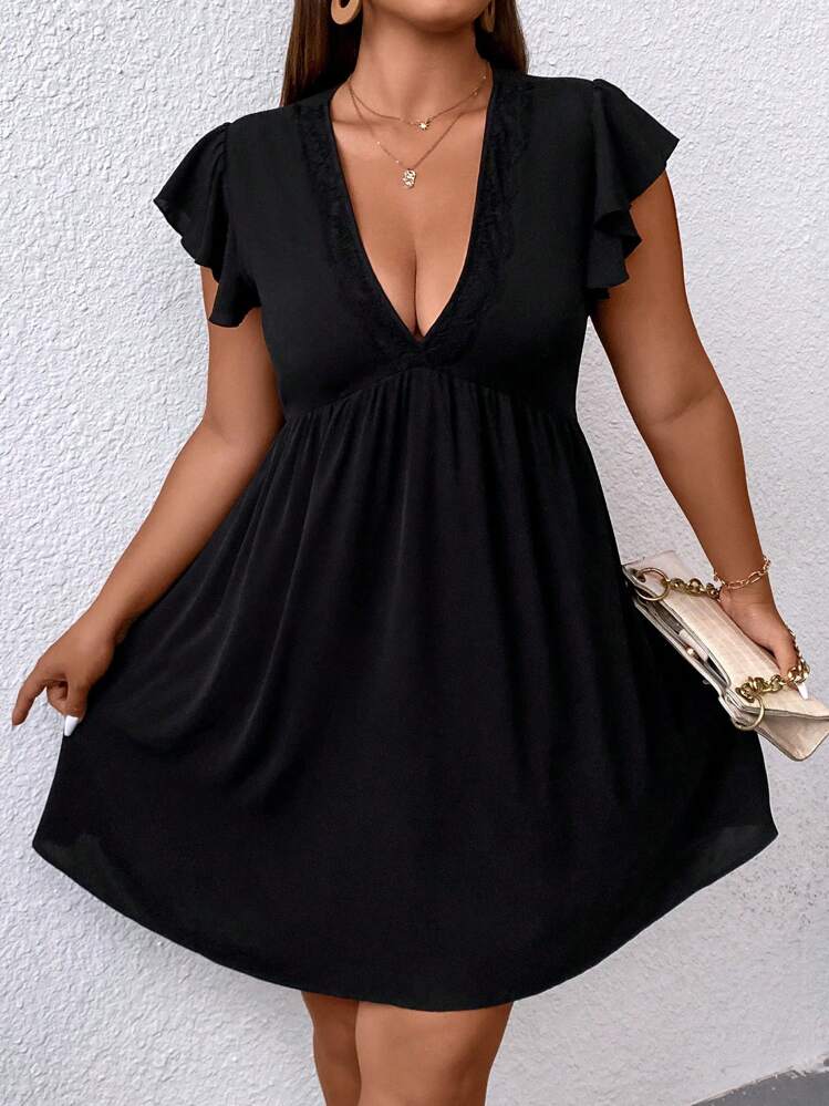 SHEIN Unity Plus Contrast Lace Plunging Neck Butterfly Sleeve Dress - Black - View 6