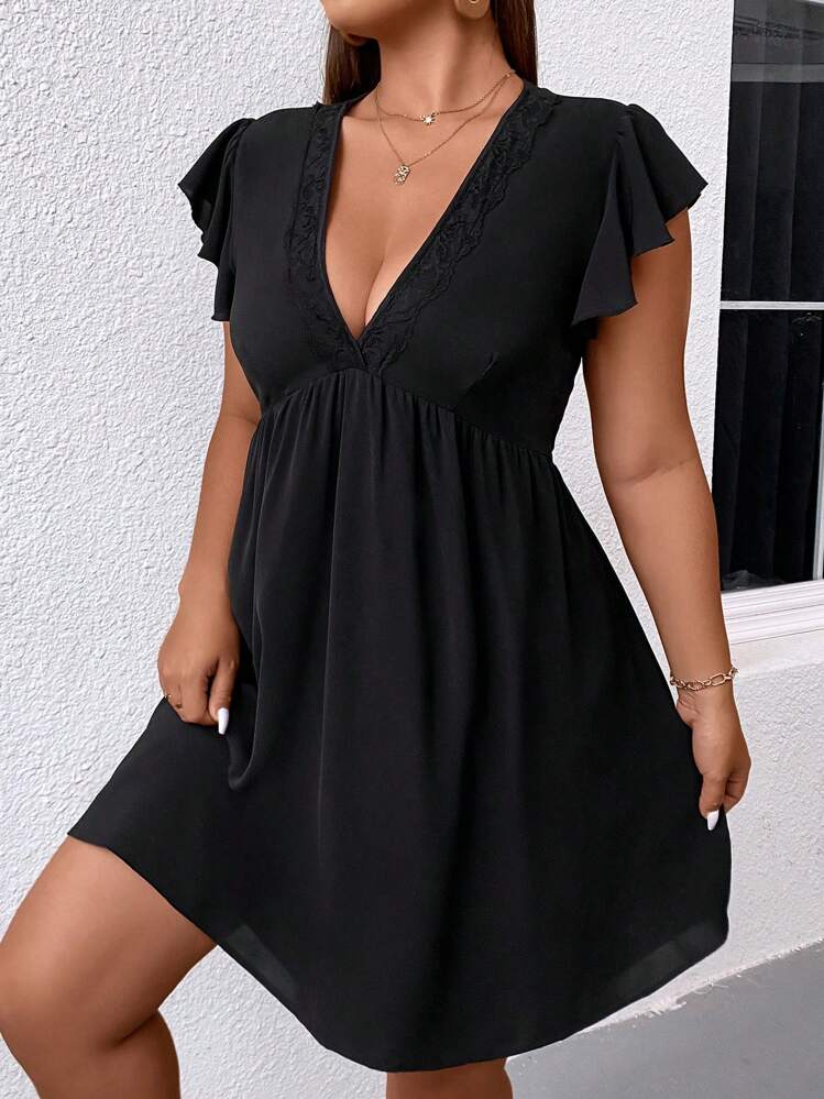 SHEIN Unity Plus Contrast Lace Plunging Neck Butterfly Sleeve Dress - Black - View 7
