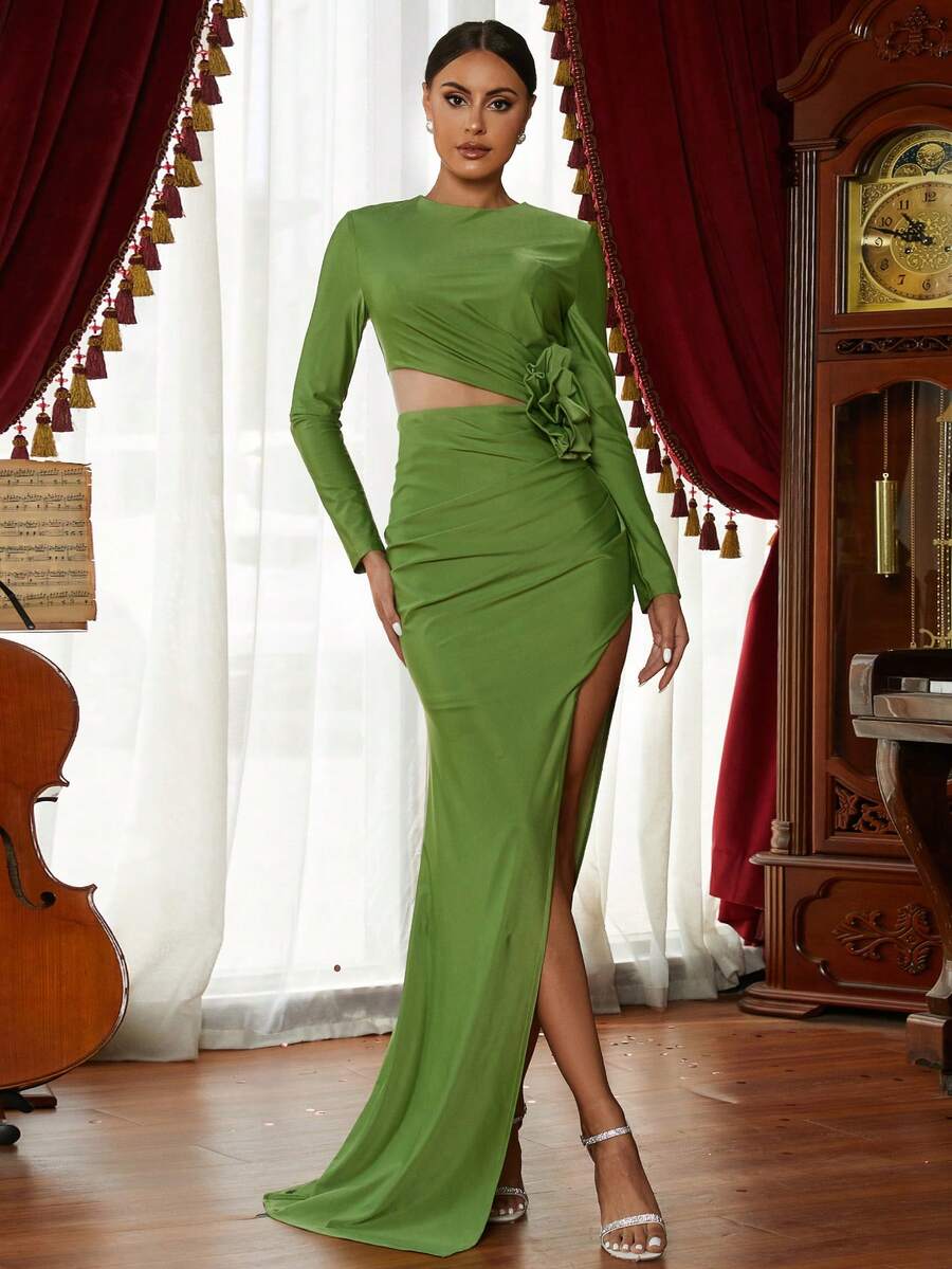 Missord Cut Out Ruched Split Thigh Dress - Green - View 1