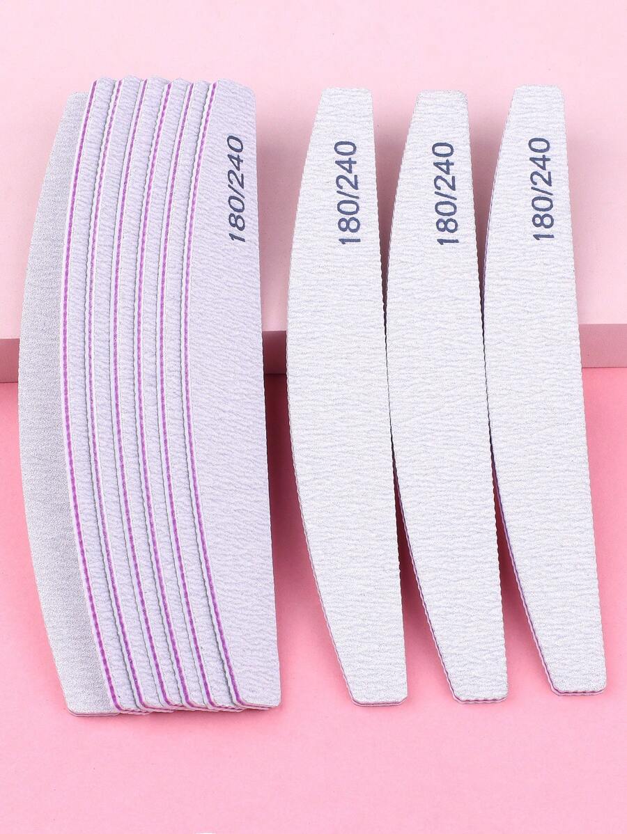 10pcs Grey Half-Moon Nail Files, Double-Sided Manicure Files, 180/240 Grit Nail Shaping & Grooming - Light Grey - View 1
