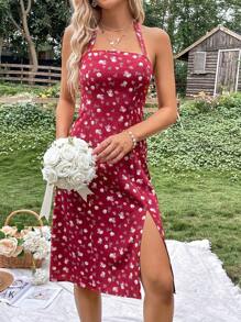 SHEIN VCAY Floral Print Split Thigh Halter Neck Backless Dress - Red - View 2