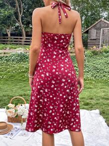 SHEIN VCAY Floral Print Split Thigh Halter Neck Backless Dress - Red - View 3