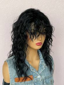 Trung bình Vai Chiều dài Đen Sóng nước Tóc giả Tóc mái Dành cho Cô gái NỮ - màu đen - Xem 3