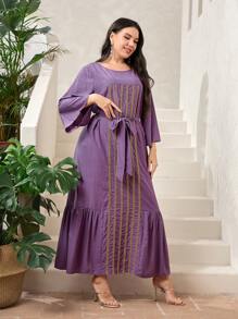 Mulvari Plus Embroidery Detail Ruffle Hem Belted Dress - Violet Purple - View 2
