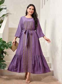 Mulvari Plus Embroidery Detail Ruffle Hem Belted Dress - Violet Purple - View 1