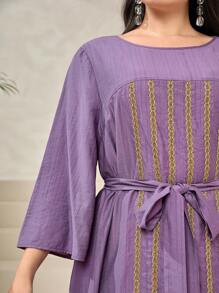 Mulvari Plus Embroidery Detail Ruffle Hem Belted Dress - Violet Purple - View 5