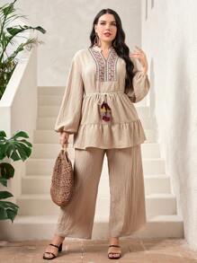 Mulvari Plus Geo Tape Lantern Sleeve Belted Top & Wide Leg Pants - Khaki - View 1