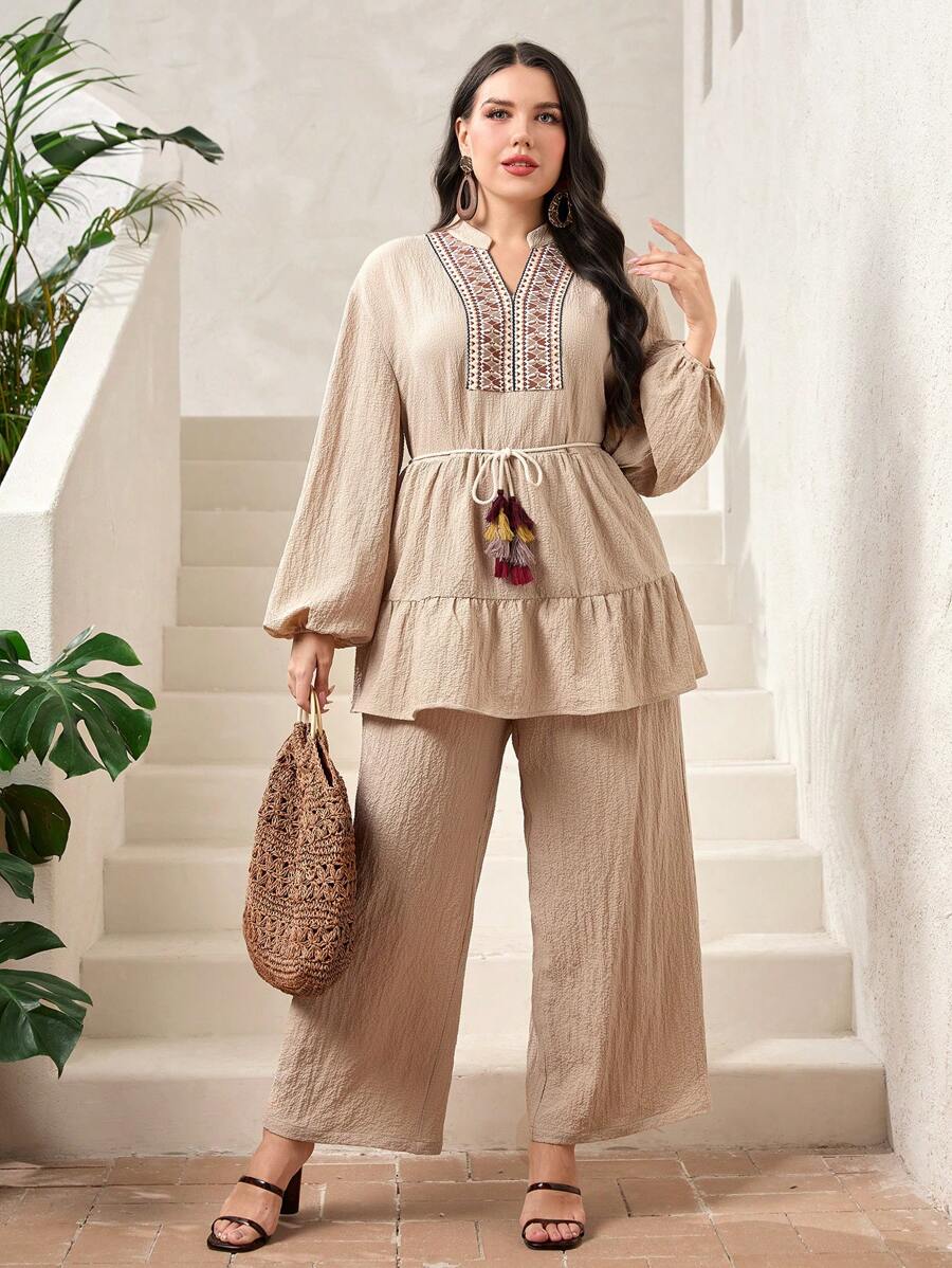 Mulvari Plus Geo Tape Lantern Sleeve Belted Top & Wide Leg Pants - Khaki - View 1