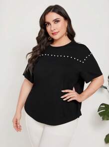 Modelyn Camiseta de hombros caídos con cuenta de perla - Negro - Ver 2
