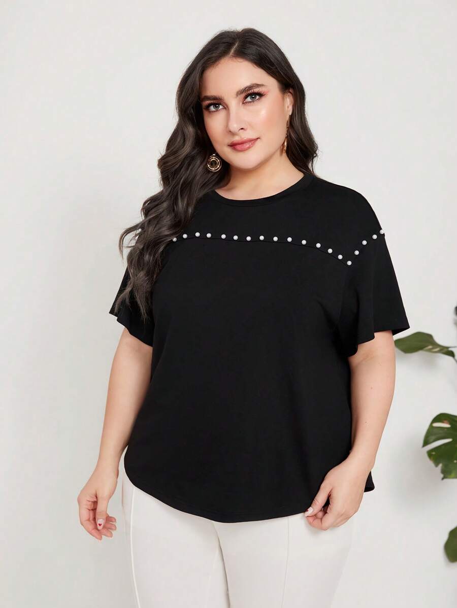 Modelyn Camiseta de hombros caídos con cuenta de perla - Negro - Ver 1