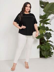 Modelyn Camiseta de hombros caídos con cuenta de perla - Negro - Ver 5