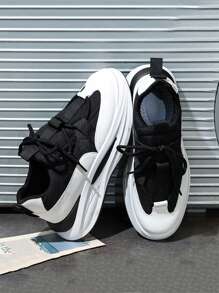 Men Two Tone Lace-up Front Sneakers, Sport Outdoor Chunky Sneakers - Black and White - View 2