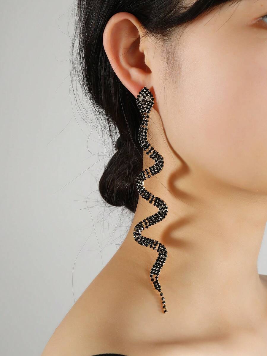Bông tai thả rắn rhinestone - màu đen - Xem 1