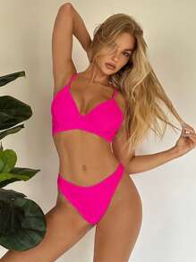 SHEIN Solid Triangle Bikini Set For Summer Beach - Hot Pink - View 5