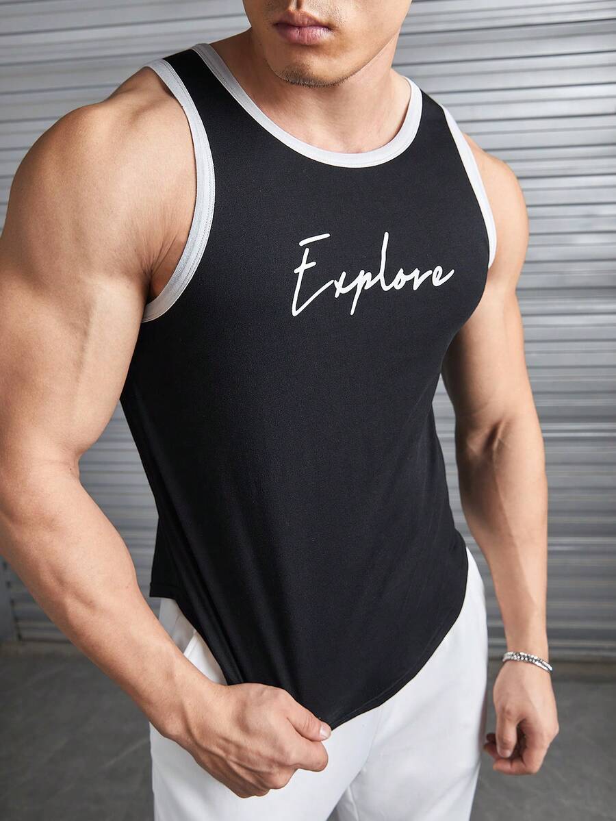GENTILAND Men Letter Graphic Contrast Binding Tank Top - Black - View 1