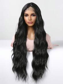 Pelucas negras de encaje con parte en T, peluca sintética ondulada rizada Extra larga de 30 pulgadas, peluca negra para mujeres, pelucas de densidad 13*4*1 para uso diario en fiestas - Negro - Ver 4