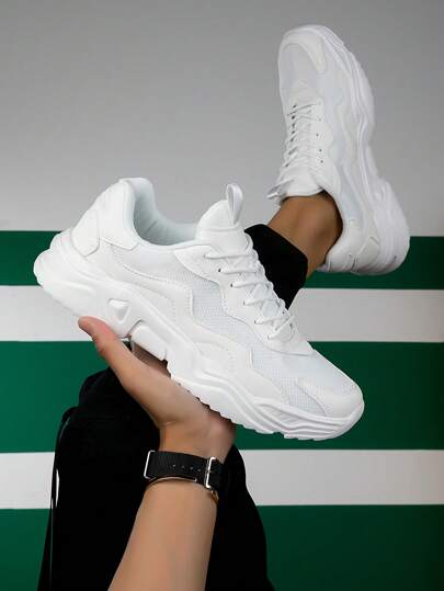 Men Minimalist Lace-Up Front Sneakers, Sporty Outdoor Fabric Chunky Sneakers, Versatile White Shoes For Men