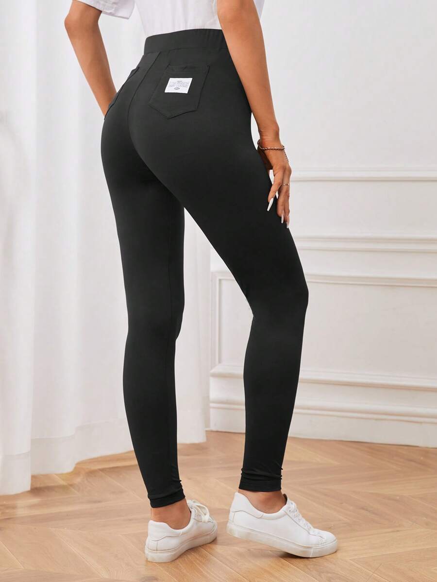 SHEIN LUNE 素色高腰緊身打底褲帶手機袋 - 黑色 - 查看 1