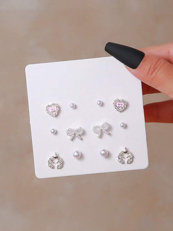 6pairs/Set Elegant Zinc Alloy Faux Pearl & Bow Decor Earrings For Women For Daily Life