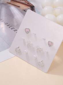 6對/套優雅的鋅合金假珍珠和蝴蝶結裝飾耳環,適合女性日常穿搭 - 彩色 - 查看 4