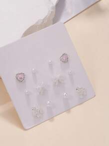 6對/套優雅的鋅合金假珍珠和蝴蝶結裝飾耳環,適合女性日常穿搭 - 彩色 - 查看 5