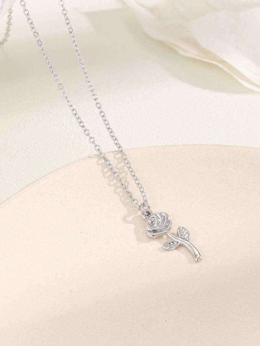 花朵掛飾項鍊 - 銀色 - 查看 1