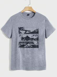 GENTILAND 男士建築物圖案T恤 - 灰色 - 查看 1
